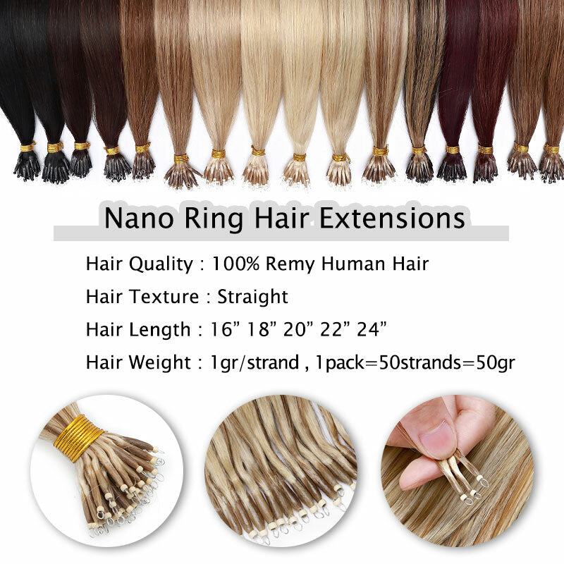300PCS Human Hair Extensions Nano Ring Beads 16-22in Thick Remy Hair