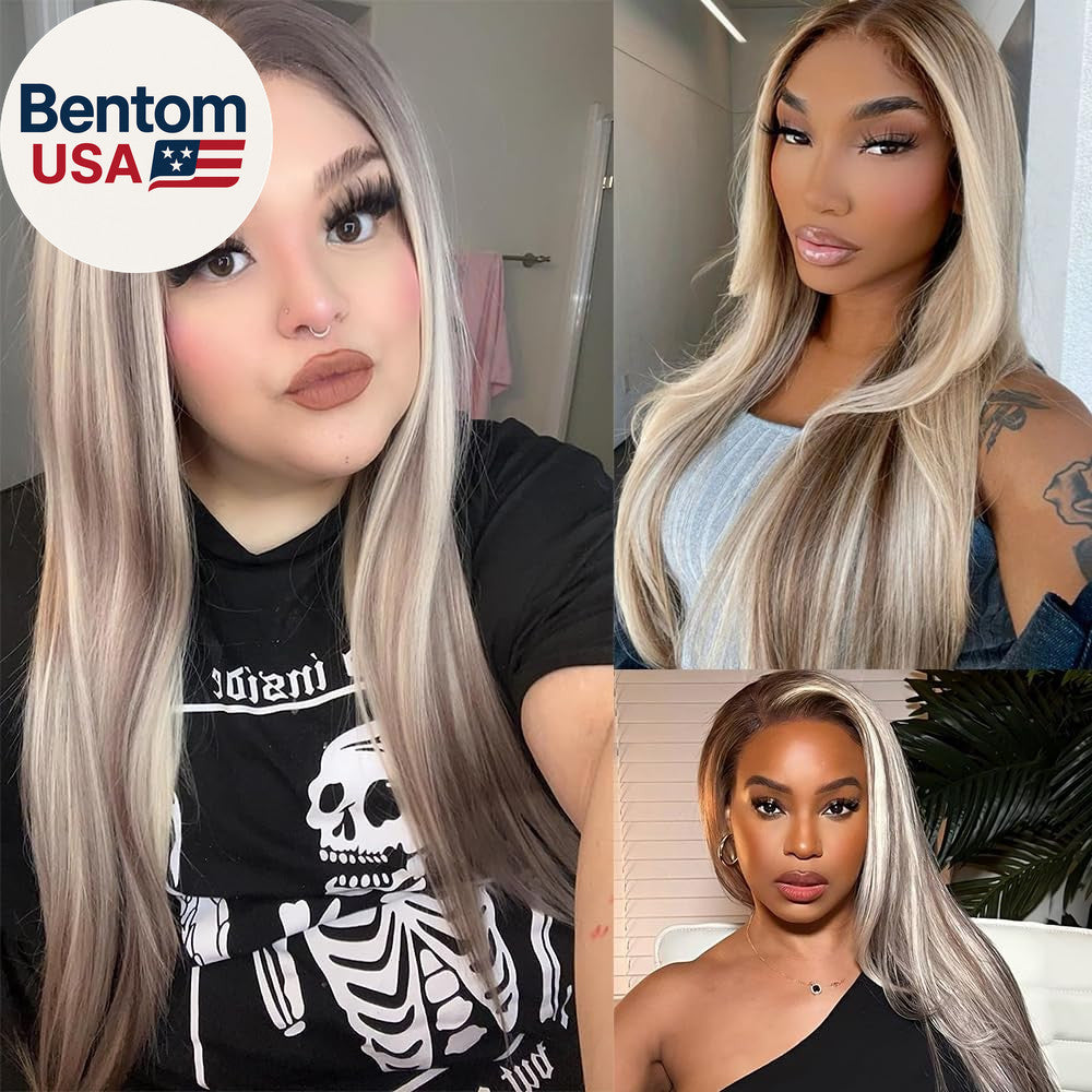 Ash Blonde Lace Front Wig Long Straight Ombre Brown Synthetic Hair