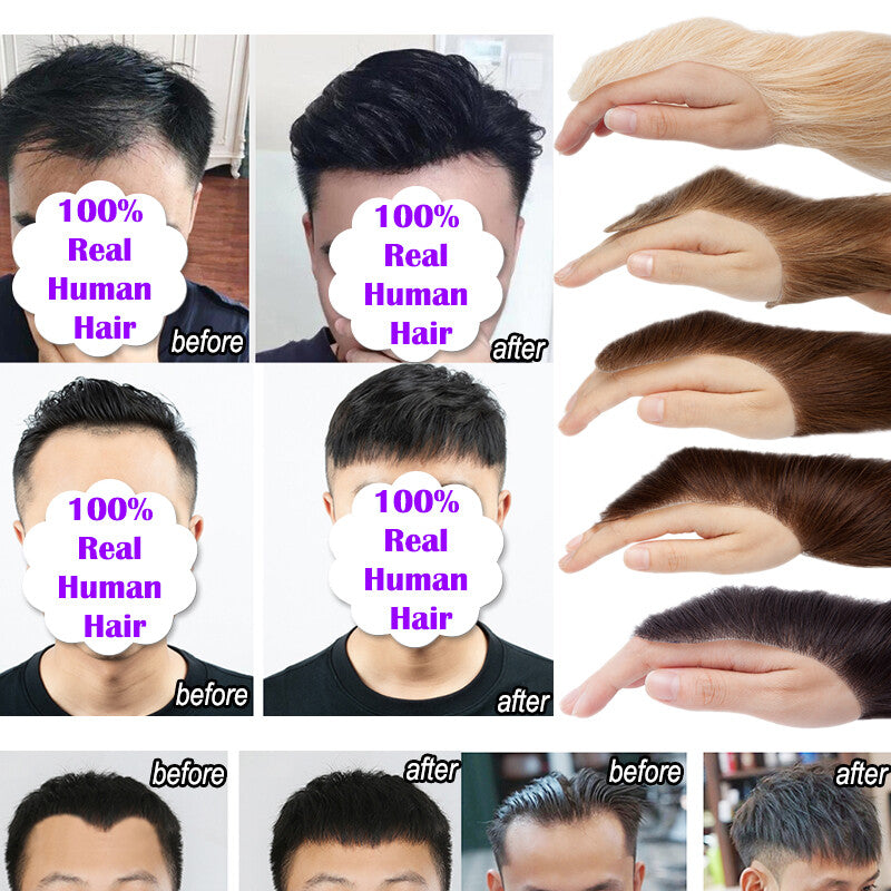 Mens Human Hair Toupee Hair Replacement System with PU Skin Base