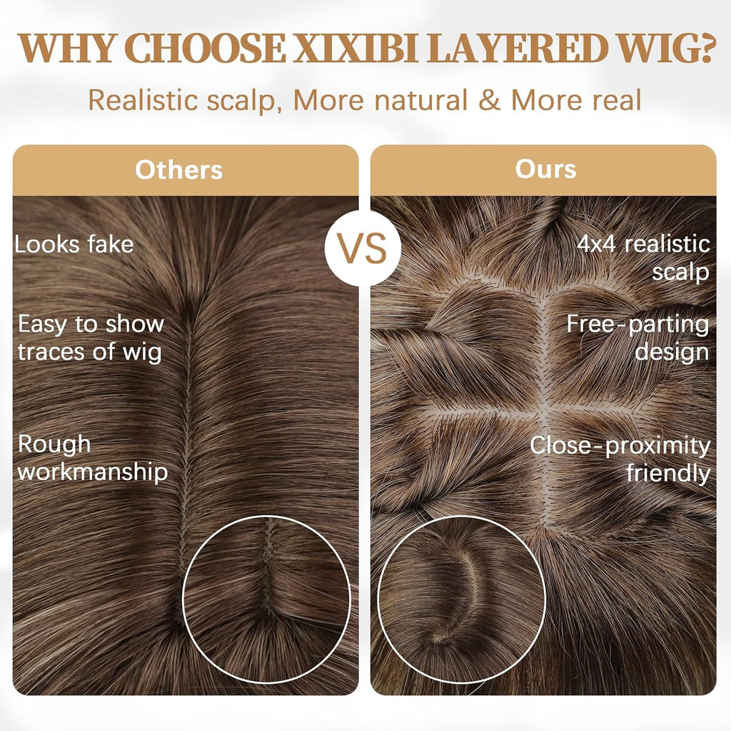 Blonde Wig with Bangs - Long Straight Layered Hair for Women, Natural Look, 26 Inch