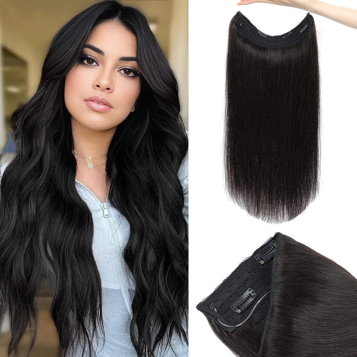 16-Inch Human Hair Extensions with Invisible Halo Wire - Natural Black, 80g, Clip-In