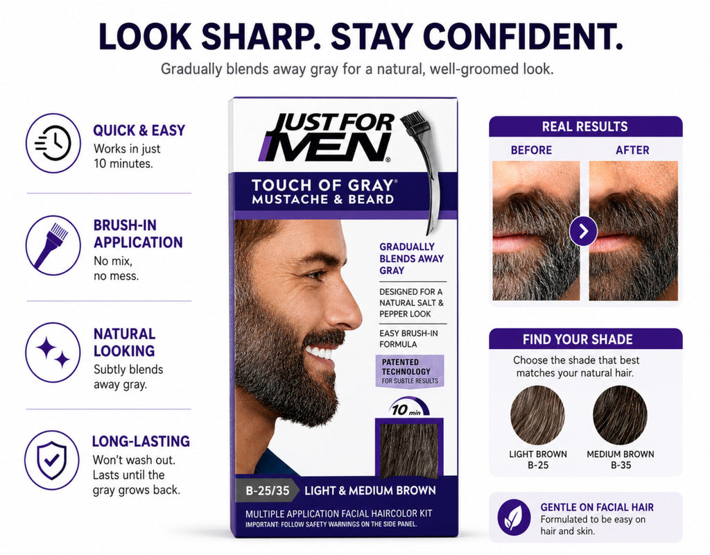 Men's Beard & Mustache Hair Dye Light Medium Brown 5 Pack - Natural Gray Coverage