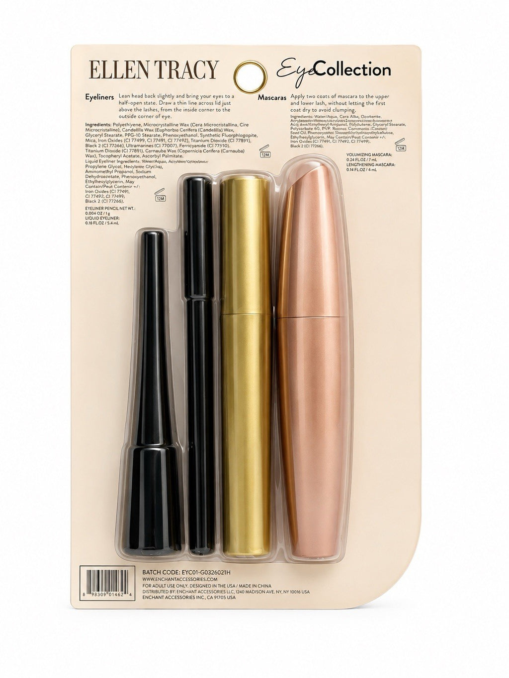 Ellen Tracy 4-Piece Eye Makeup Set: Volumizing & Lengthening Mascara, Liquid Eyeliner, Eyeliner Pencil