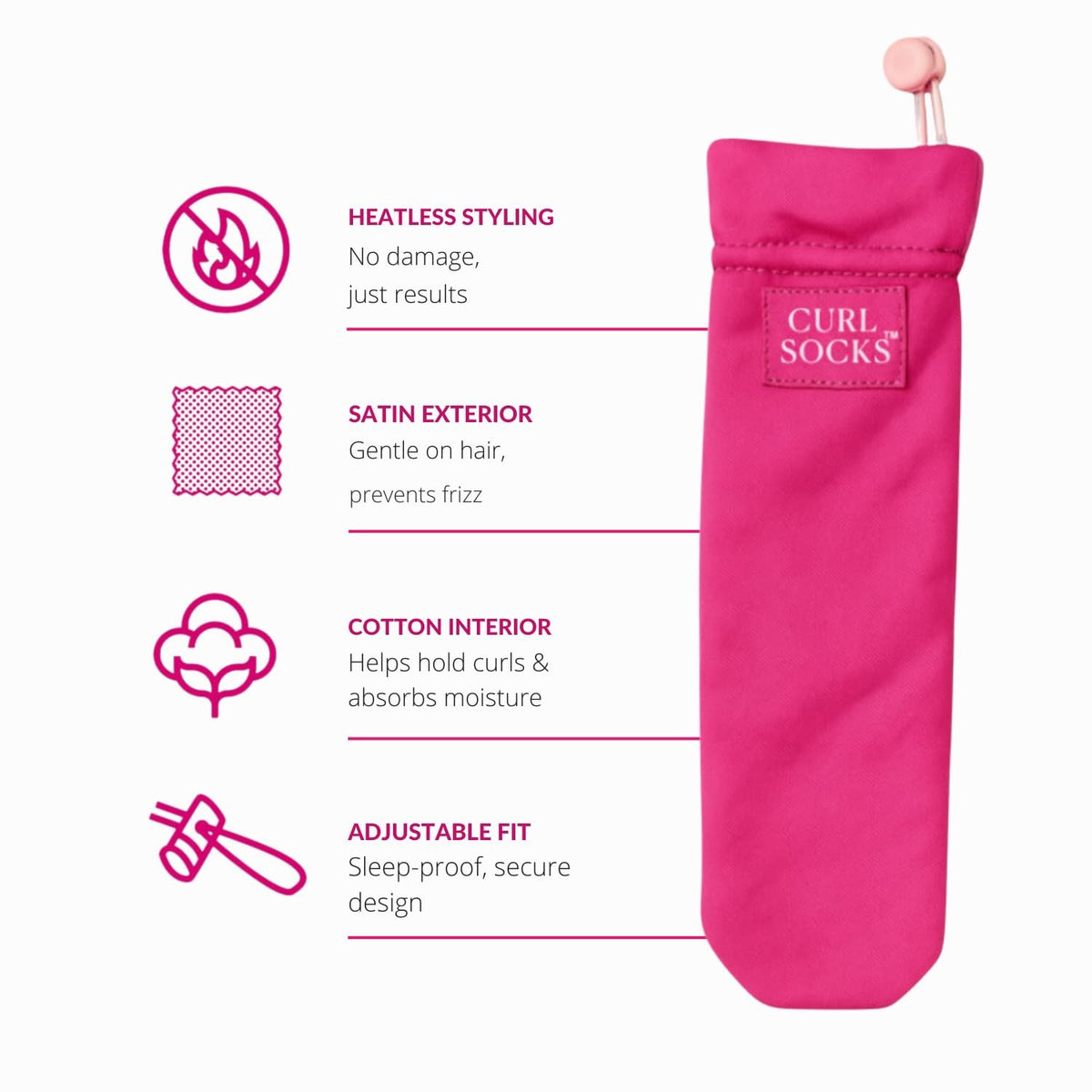 Heatless Hair Curlers Socks Set - Fuchsia Pink, No Heat, Soft Bouncy Waves