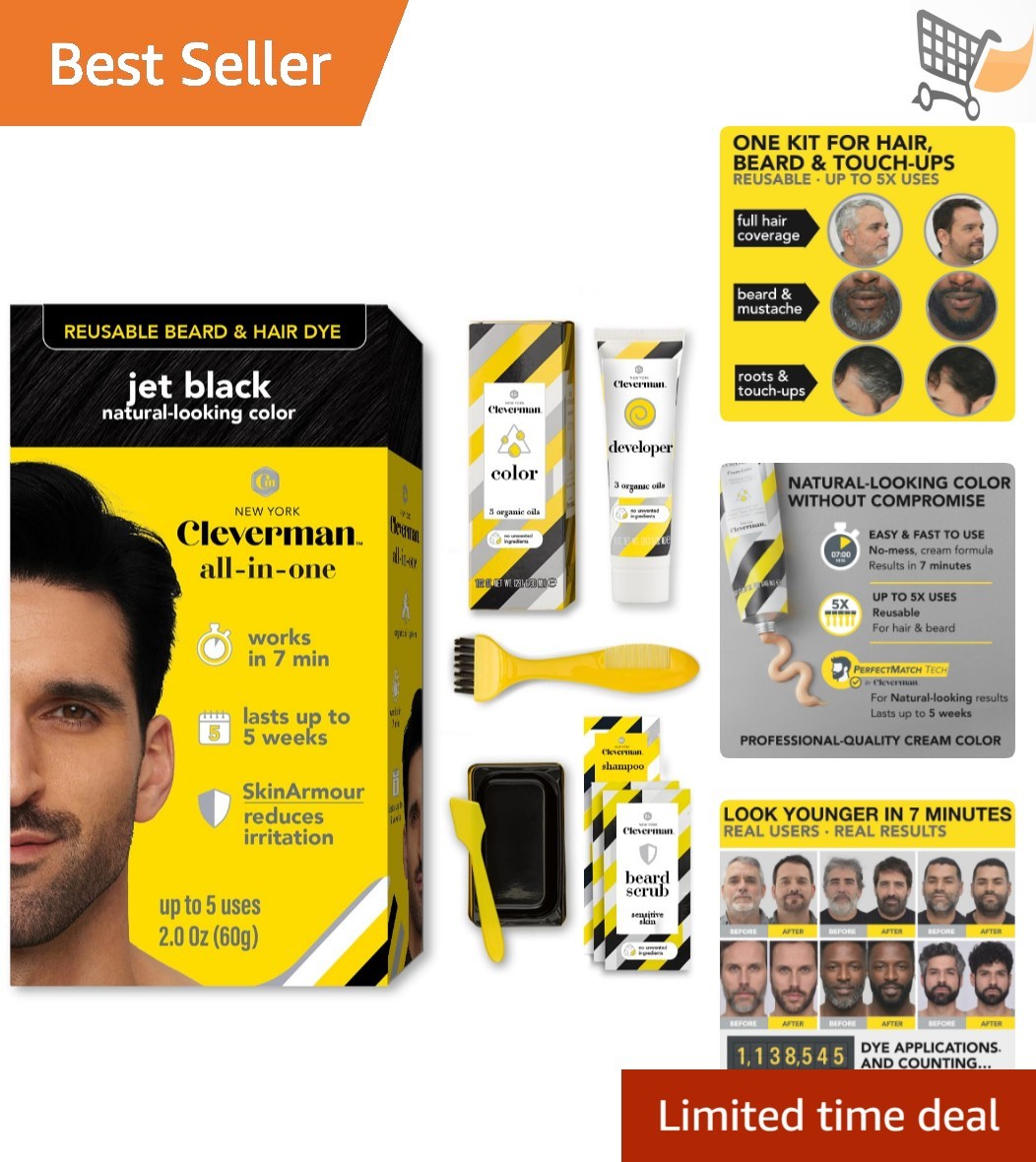 Reusable Hair Beard Dye Kit Jet Black 1.7oz Gray Coverage No-Drip