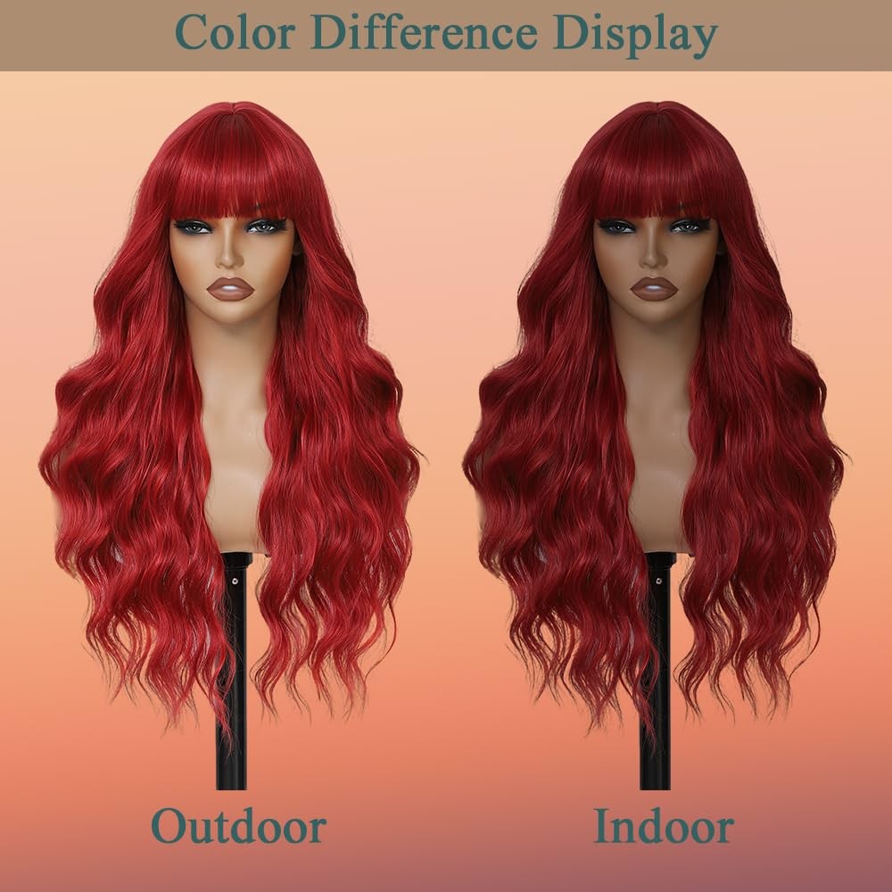 Long Red Wavy Curly Wig with Bangs - 26 Inch Synthetic Hair for Women