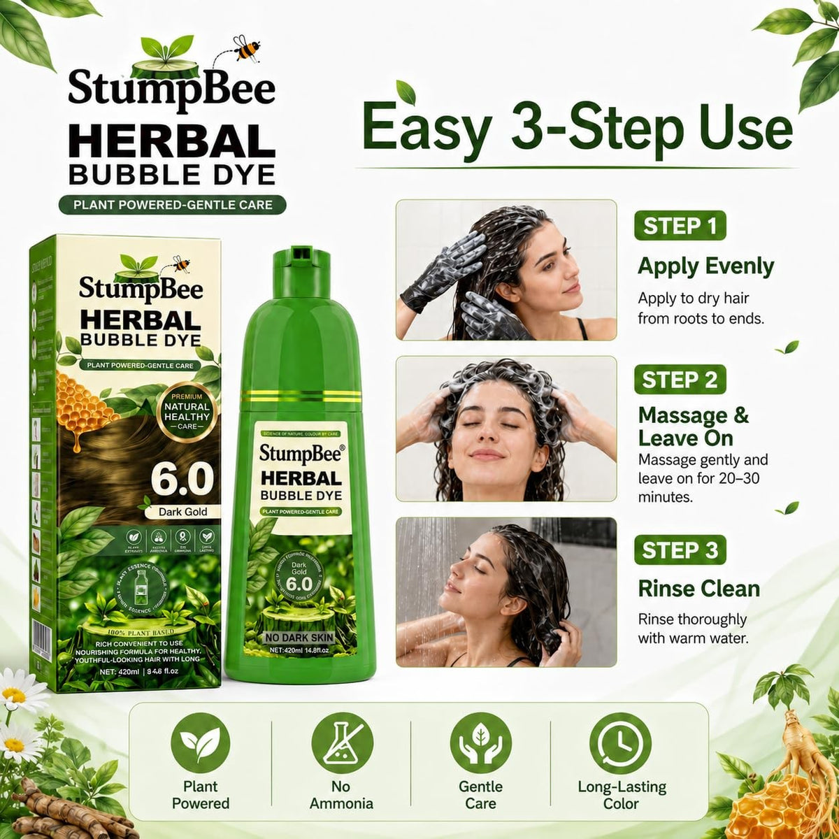 Herbal Hair Dye Shampoo 3-in-1 for Gray Coverage, 420ml - Easy at-Home Hair Color