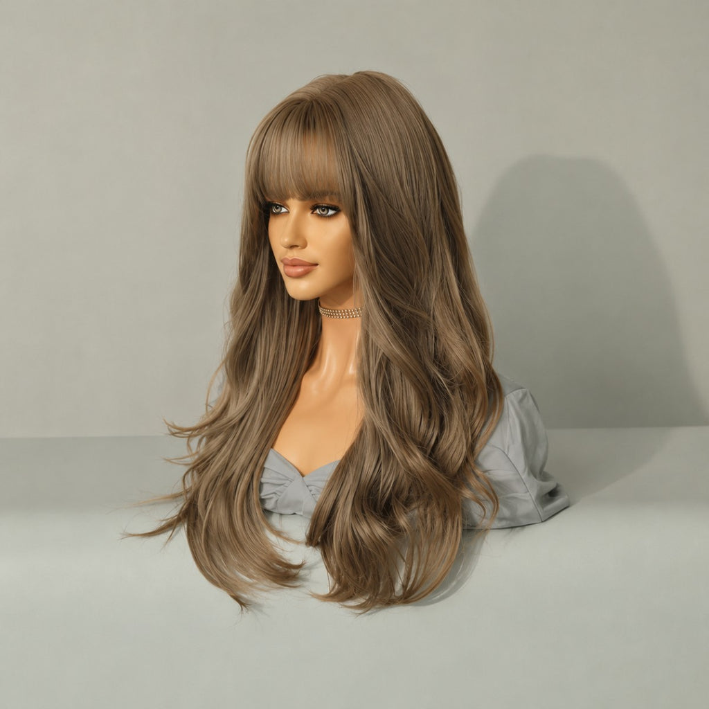 Long Wavy Brown Synthetic Cosplay Wig with Bangs - Heat Resistant Hair