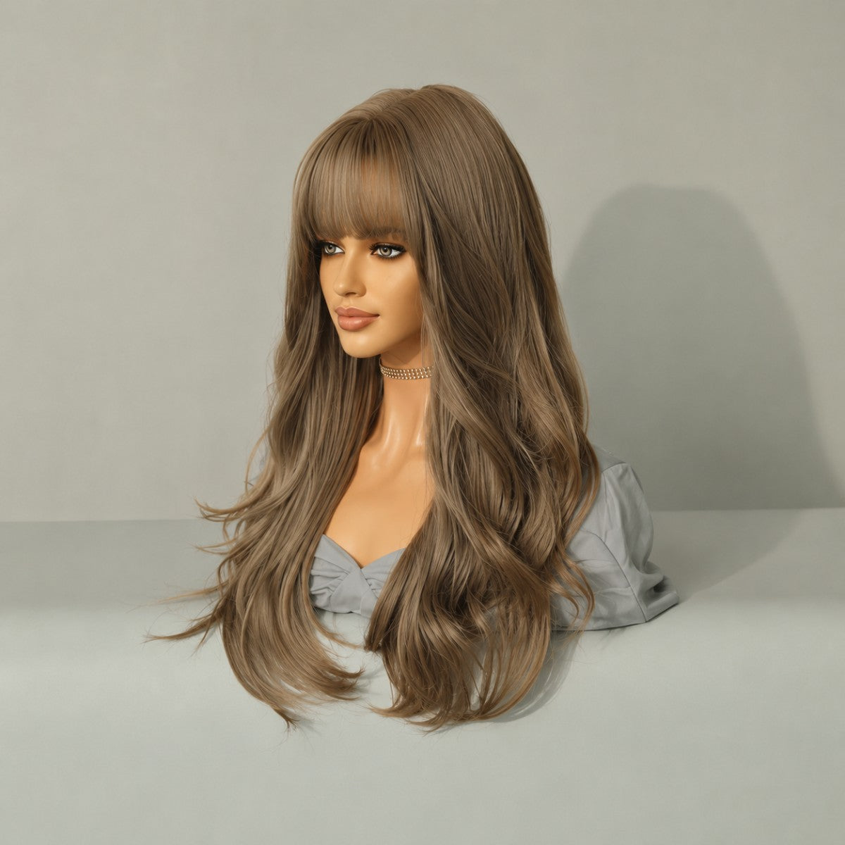 Long Wavy Brown Synthetic Cosplay Wig with Bangs - Heat Resistant Hair
