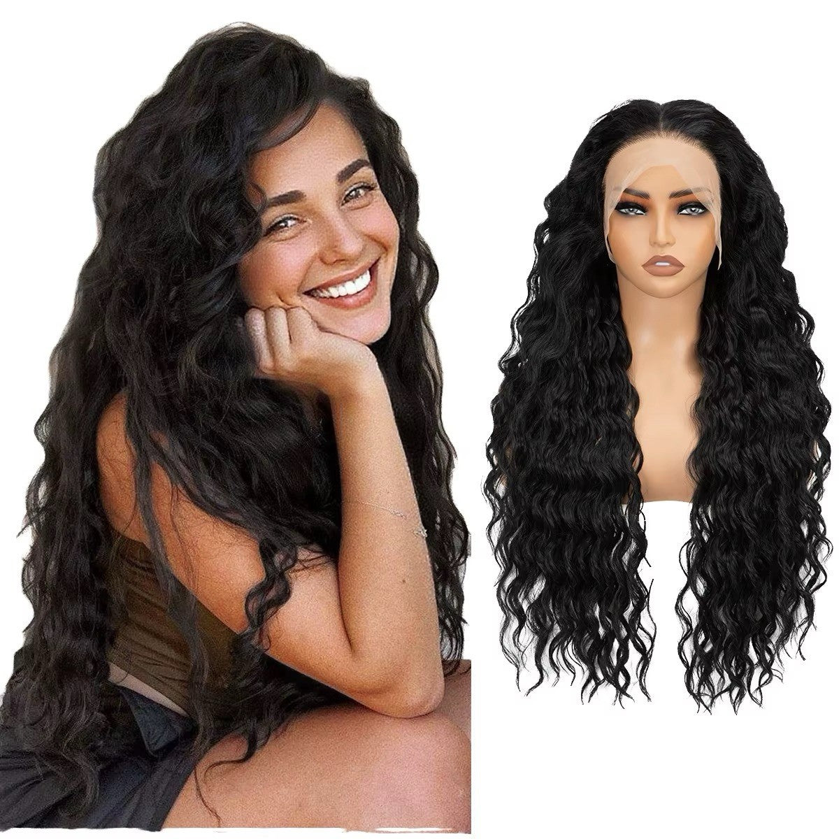 Long Black 30 Inch Curly Wave Lace Front Wig for Women
