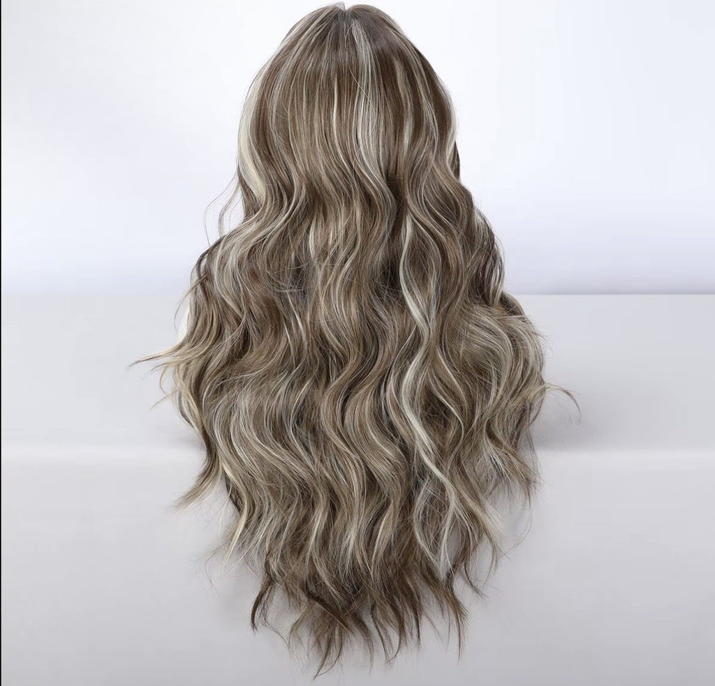 Ombre Brown Blonde 26 Inch Wavy Lace Front Wig - Body Wave Highlight Hair, Glueless Synthetic Style