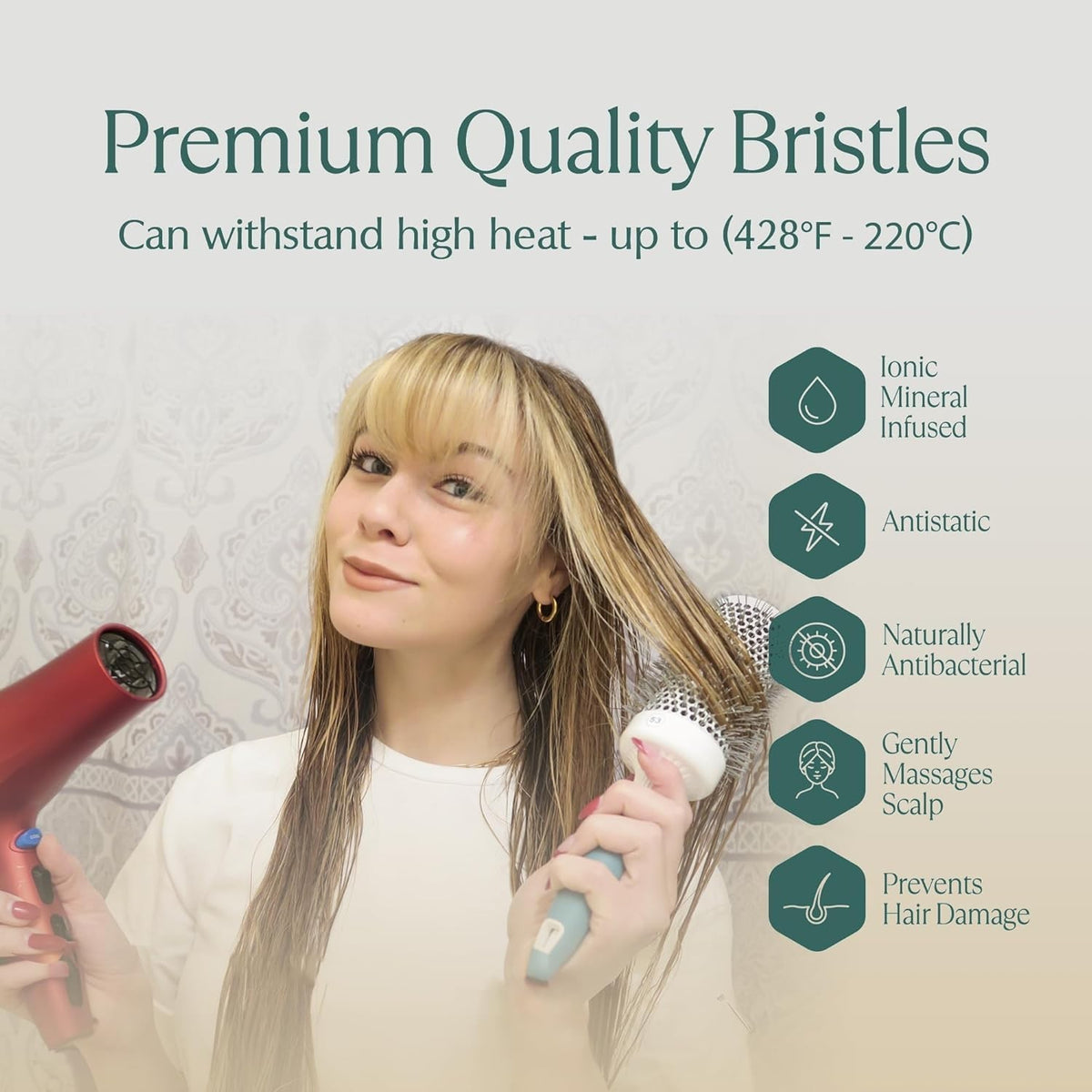 Detangling Ceramic Round Hair Brush for Shine & Volume - Ionic Bristles