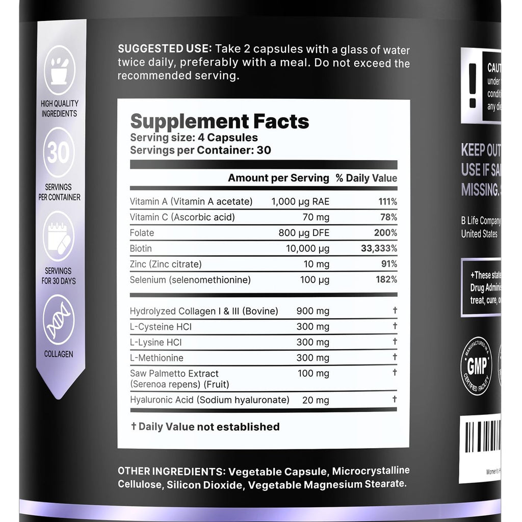 Women’s Hair Vitamins for Hair Loss - Biotin 10000 mcg - 120 Capsules