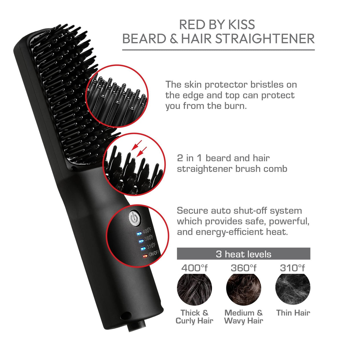 Ionic Hair Straightener Brush with Ceramic Coating, Adjustable Temp - Red