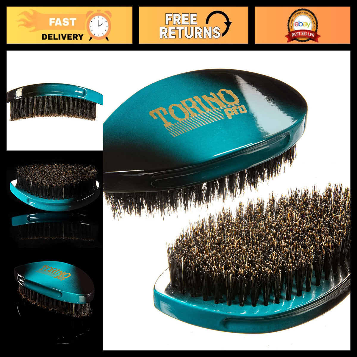 Medium Boar Bristle Curved Palm Brush for 360 Waves - Wave Cap & Durag Use