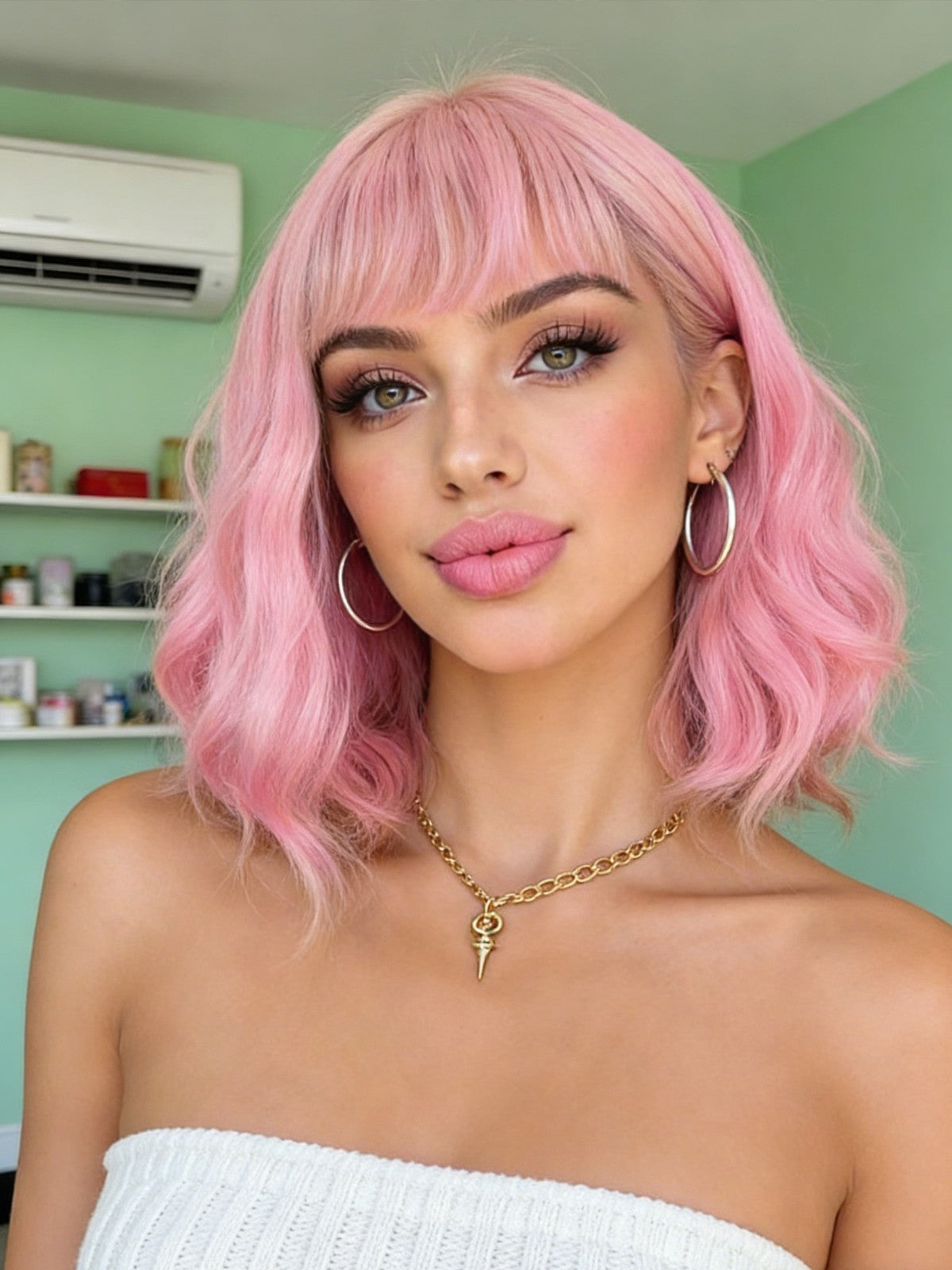 Pink Short Wavy Bob Wig with Flat Bangs - Synthetic Costume Hair for Women