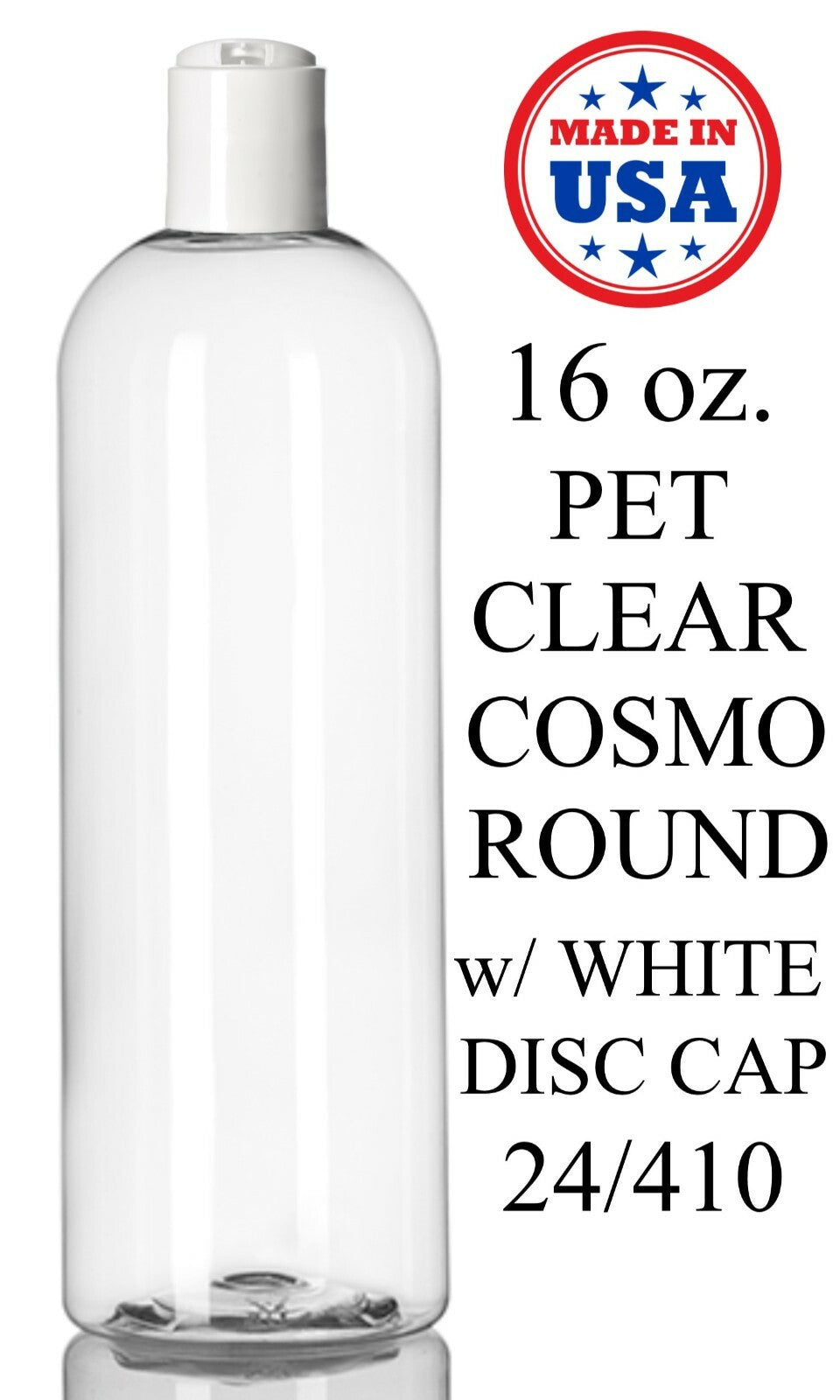 16 oz PET Plastic Cosmo Round Bottles with White Cap Bulk Pack - Clear