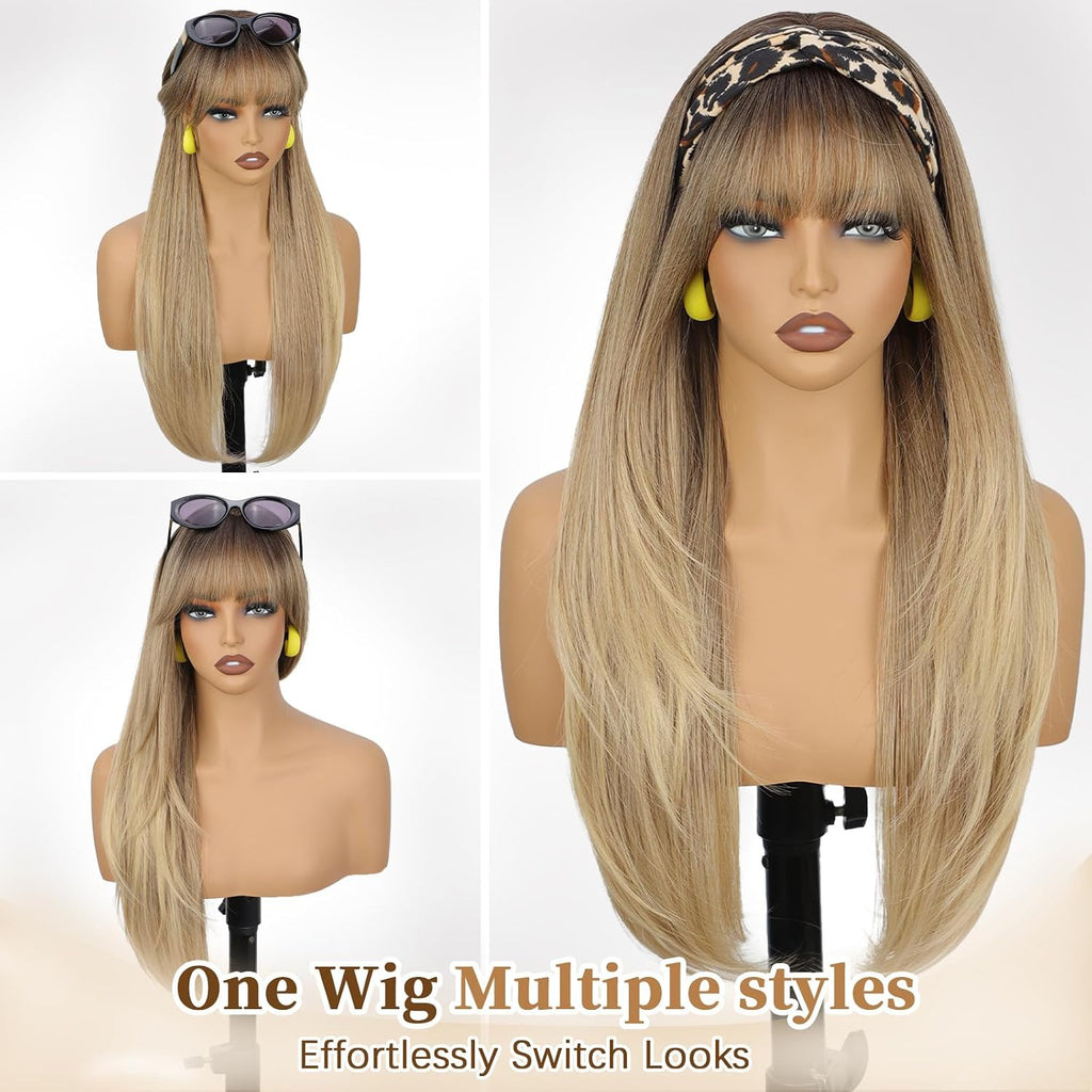 Blonde Wig with Bangs - Long Straight Layered Hair for Women, Natural Look, 26 Inch