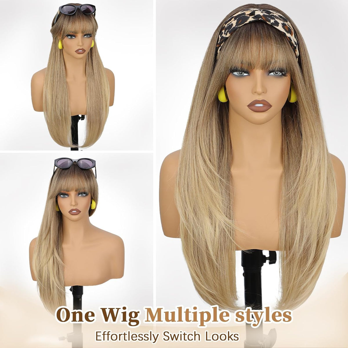 Blonde Wig with Bangs - Long Straight Layered Hair for Women, Natural Look, 26 Inch