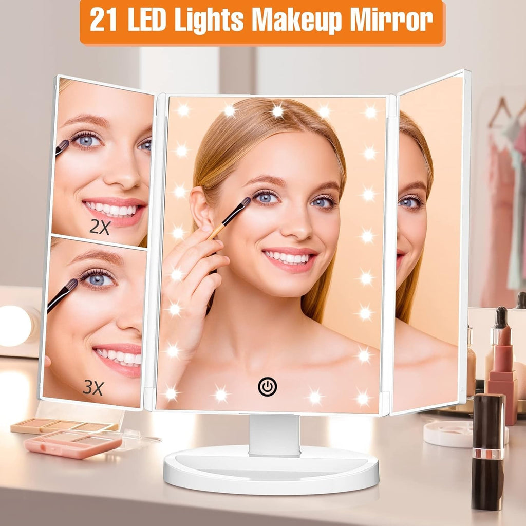 Tri-Fold Lighted Makeup Mirror with LED Lights and Touch Dimming
