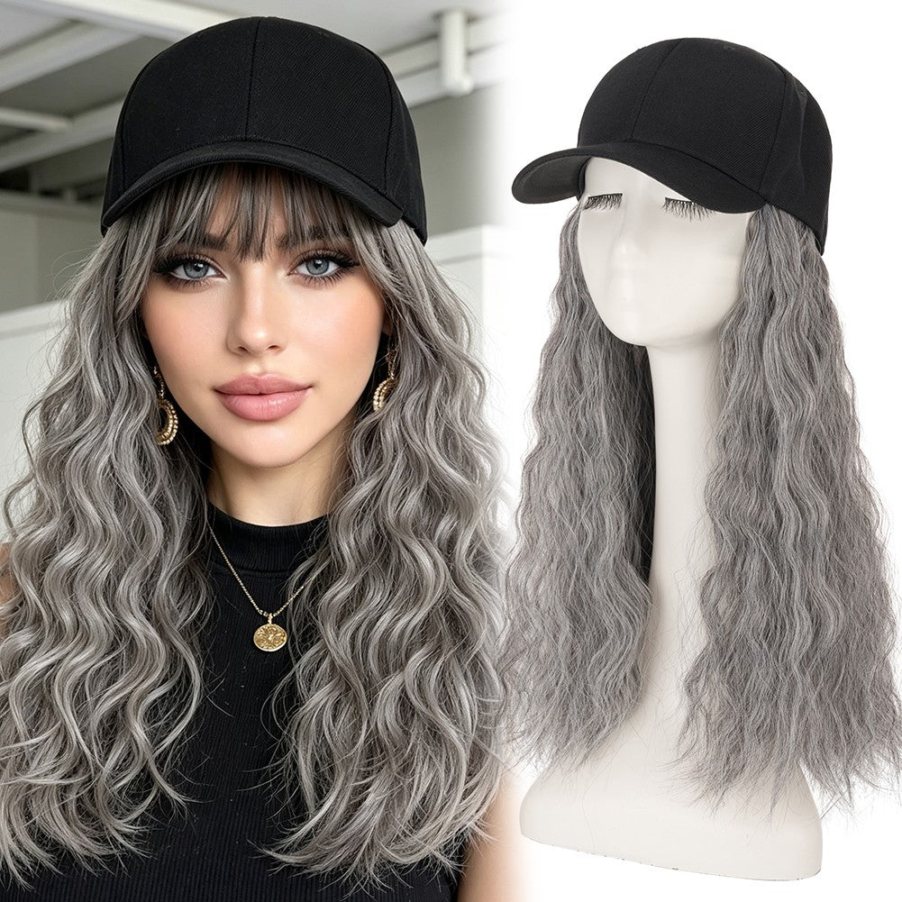 16-Inch Long Curly Cap Wig with Adjustable Baseball Hat and Attached Hair