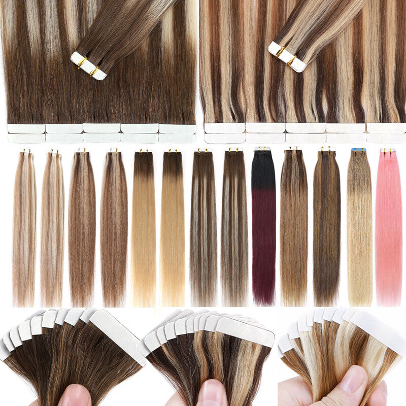 Human Hair Tape-In Extensions - Thick 150g Ombre & Natural Colors, Multiple Lengths