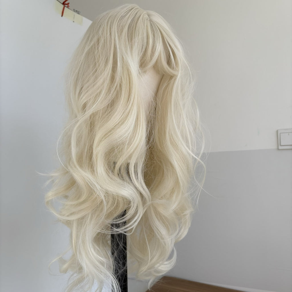 Long Wavy Blonde Synthetic Costume Wig with Bangs - Heat Resistant, Tangle-Free