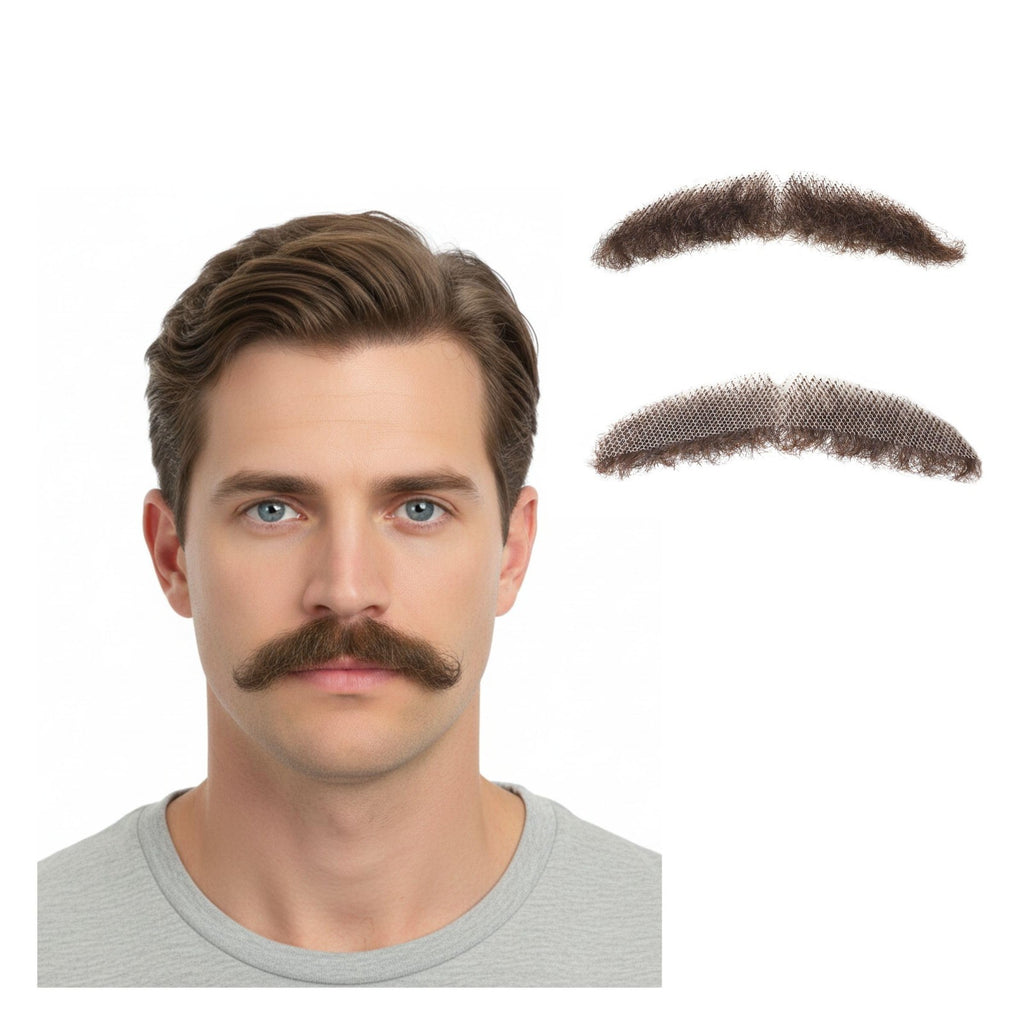 Realistic Thick Fake Mustache with Human Hair - Brown Costume Facial Hair Set