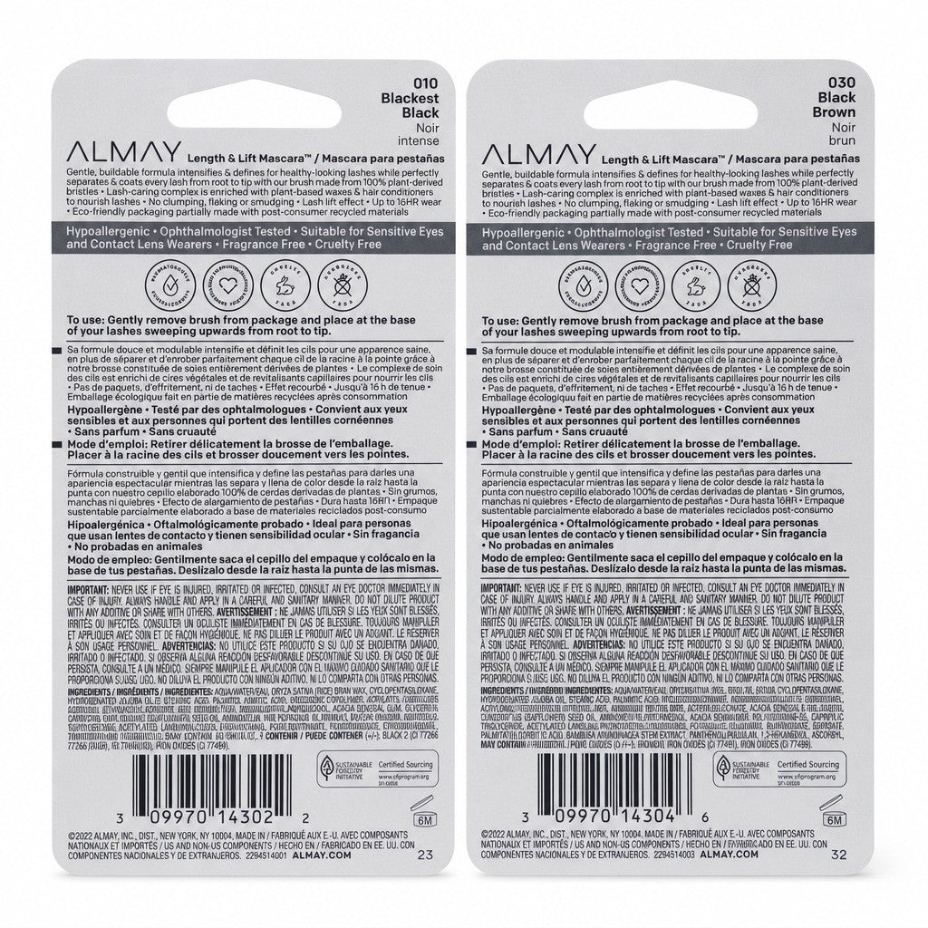 Almay Length & Lift Black Mascara - Hypoallergenic, 2 Pack, 0.24oz