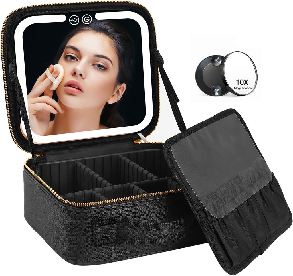 Travel Makeup Bag with LED Lighted Mirror and Adjustable Compartments