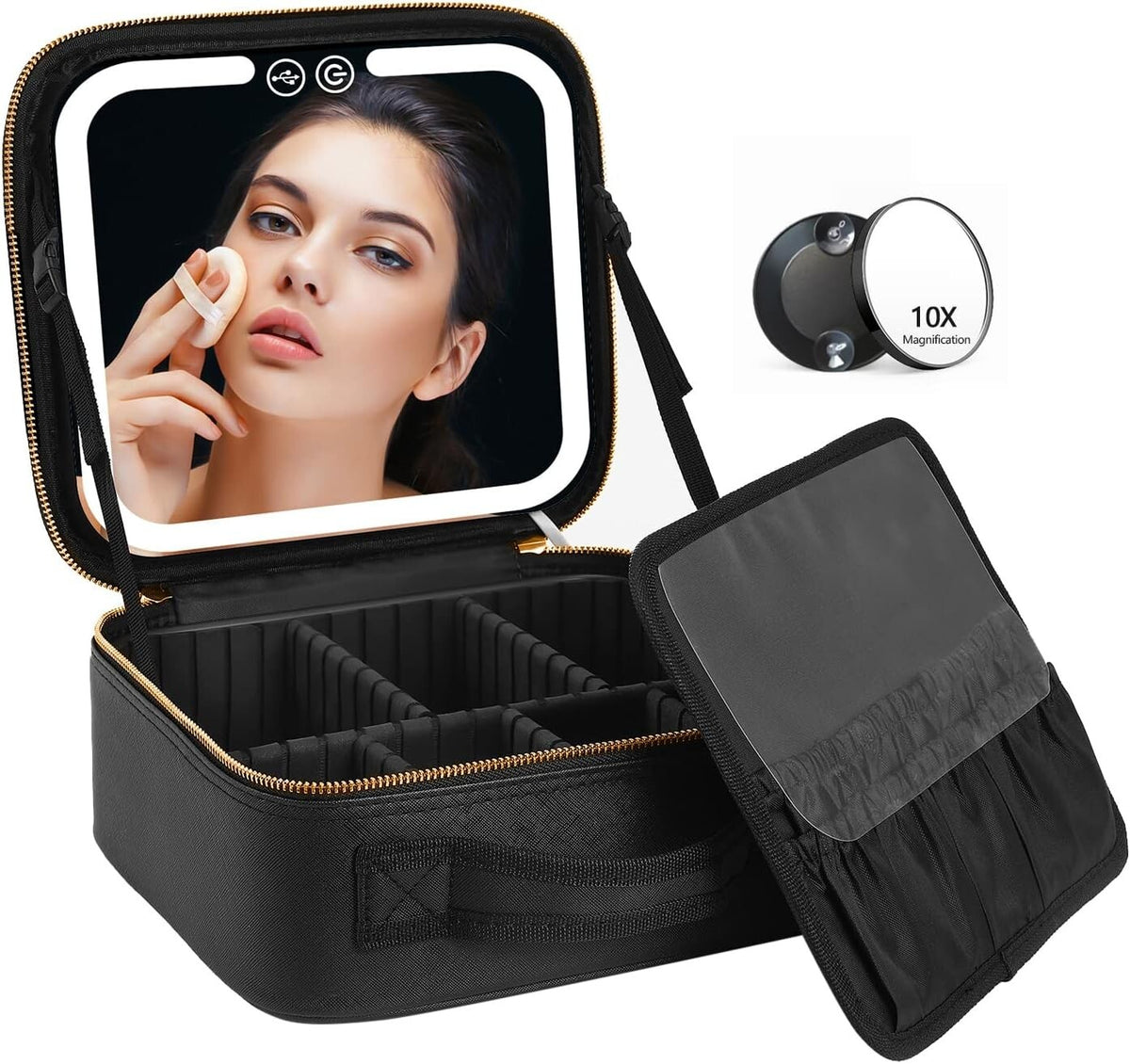 Travel Makeup Bag with LED Lighted Mirror and Adjustable Compartments