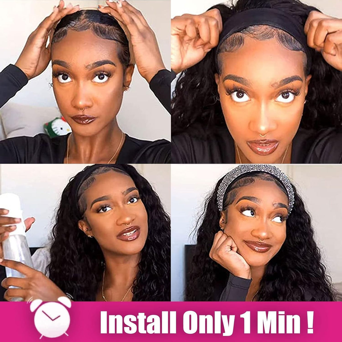 10 Inch Curly Human Hair Wig for Black Women - Natural Black, Easy Install Headband Style