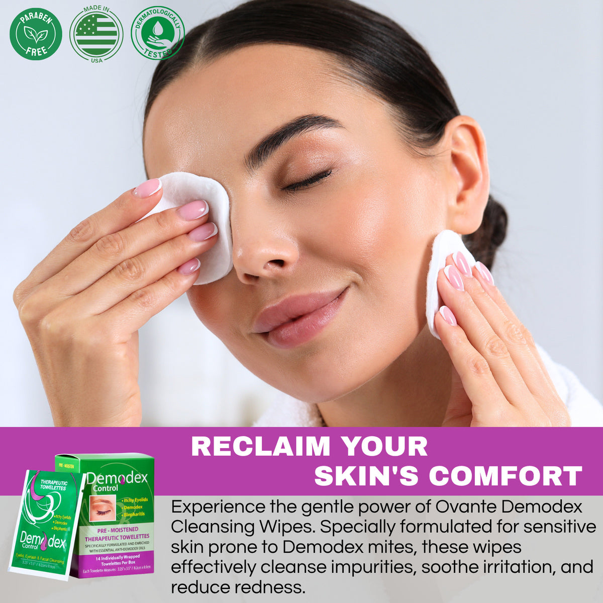 Eyelid & Face Cleansing Wipes for Demodex, Blepharitis, Itchy Eyes - 14 Pack