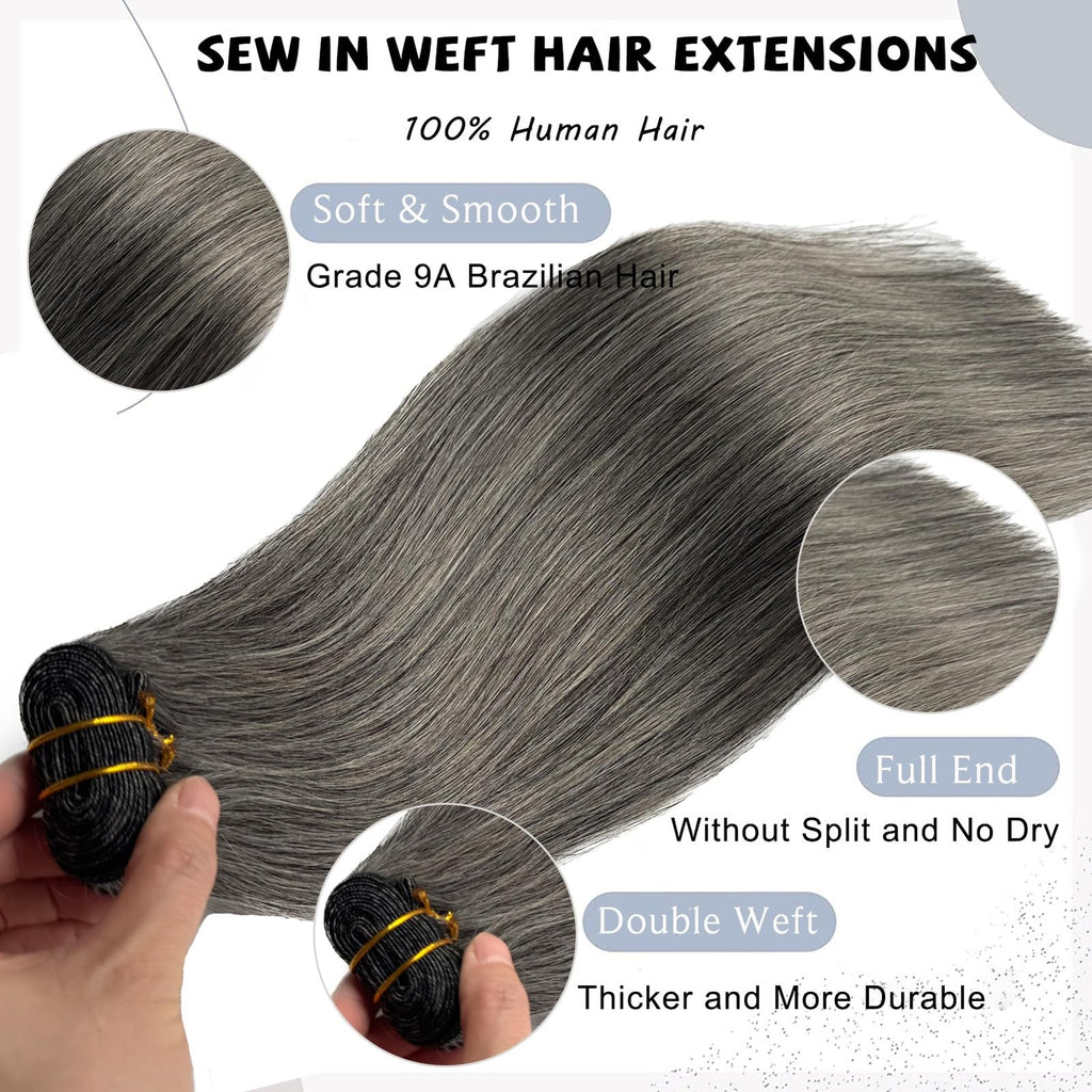 Grey Salt & Pepper Remy Human Hair Wefts 16 Inch Sew-In Extensions