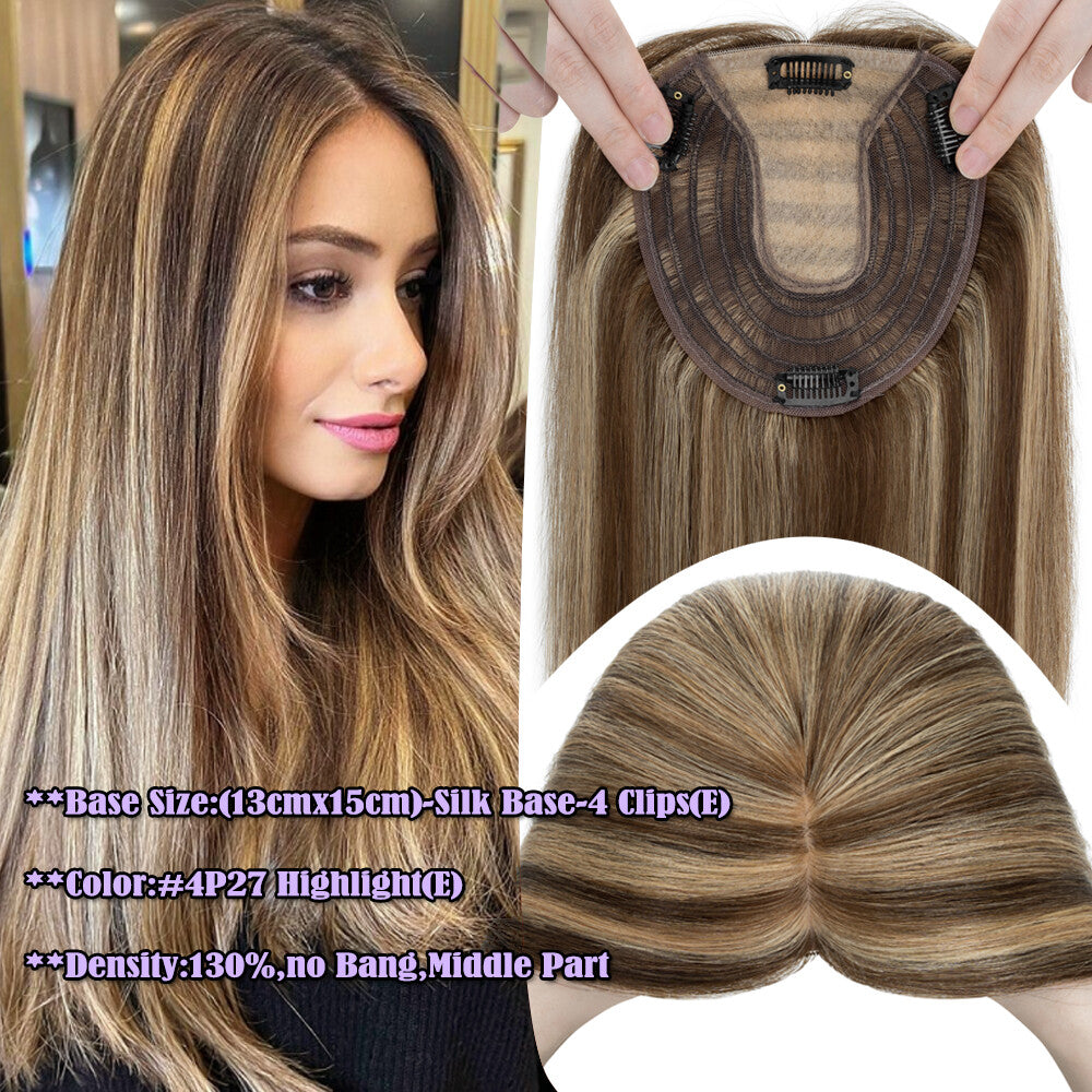 Clip-In Hair Topper with Silk Base - Remy Human Hair, Multiple Sizes & Colors