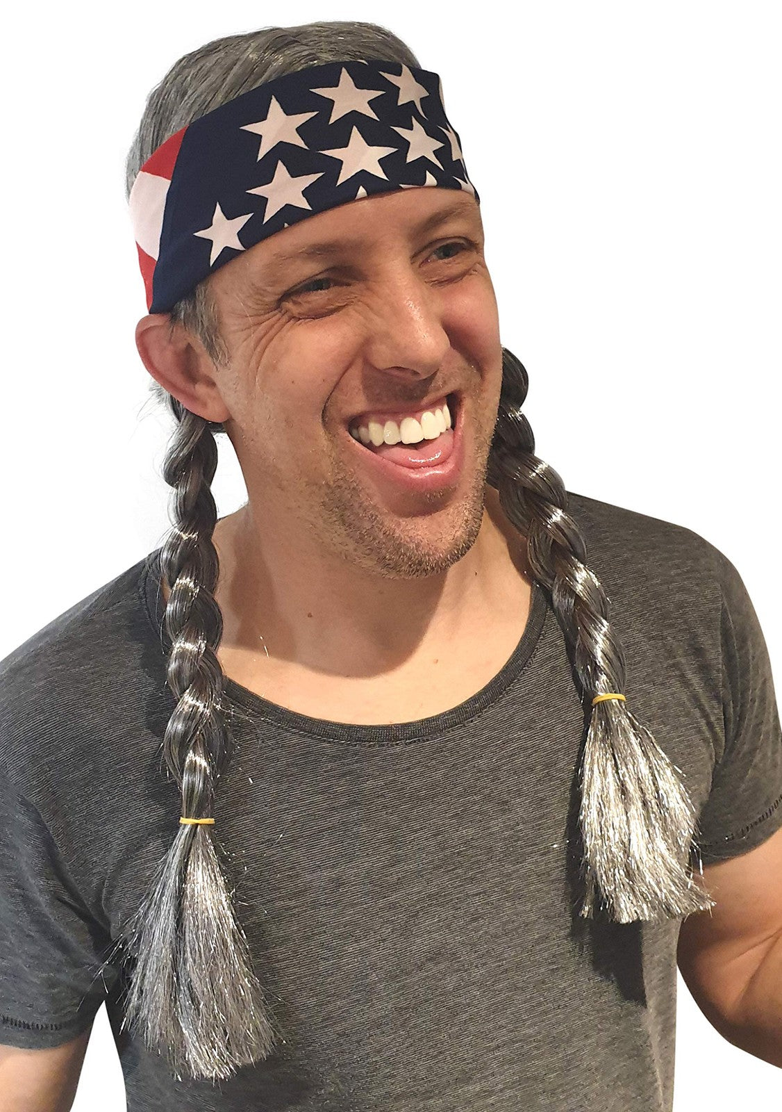 Adult Grey Hippie Cowboy Wig with Bandana - Costume Accessory