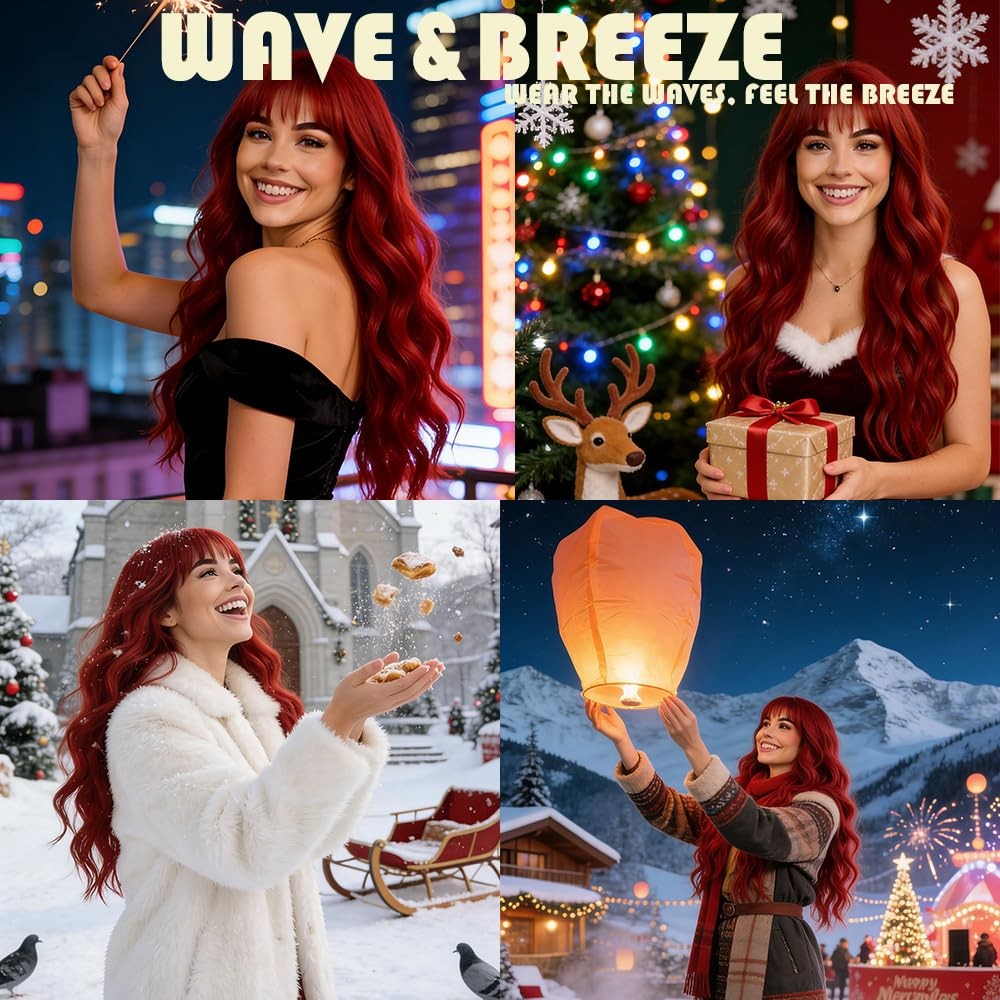 Long Red Wavy Curly Wig with Bangs - 26 Inch Synthetic Hair for Women