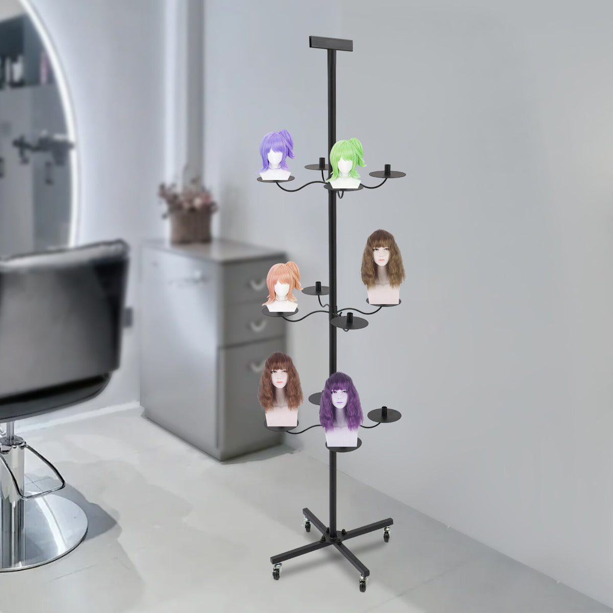 12-Wig Capacity Display & Storage Rack with 360° Rotating Tiers - Black