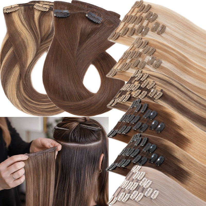 Clip-In Hair Extensions Full Head Set - Remy Human Hair Balayage 8 Pieces