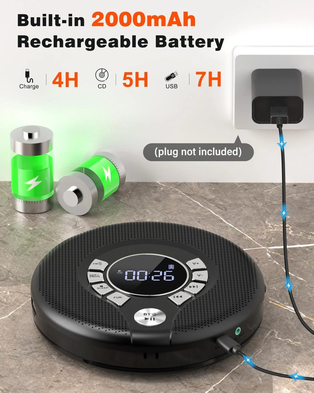 Portable Bluetooth CD Player with 2000mAh Rechargeable Battery