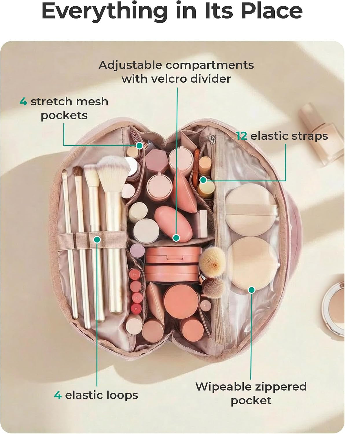 Travel Makeup Bag with Wide Fold-Down Organizer for Women