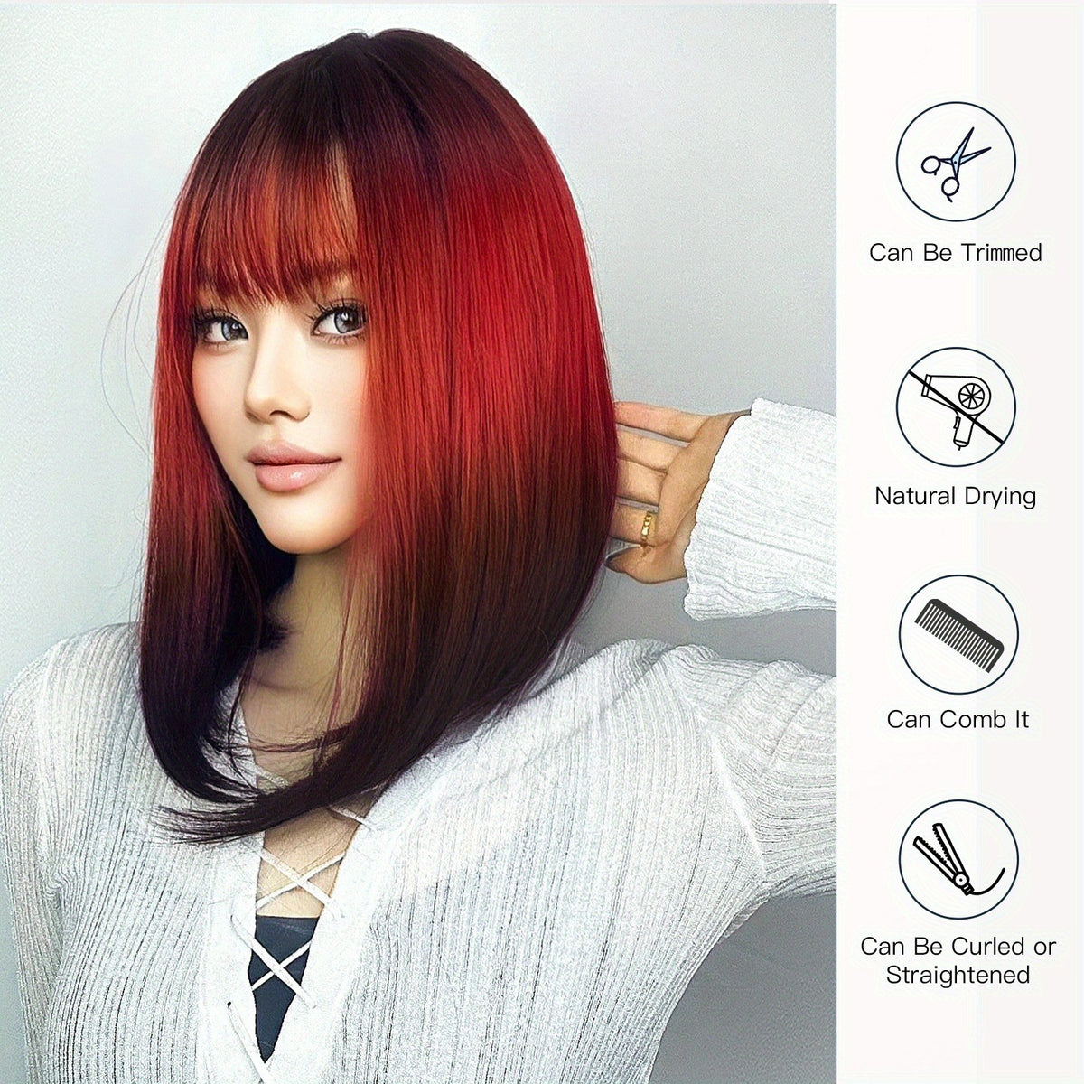 14in Ombre Red Black Synthetic Wig with Bangs for Cosplay & Daily Wear