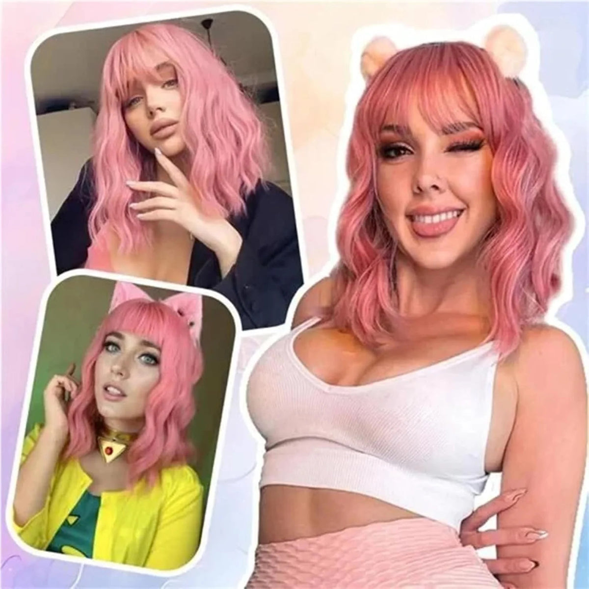 Pink Short Wavy Bob Synthetic Wig with Bangs for Women - Natural Look & Adjustable Fit