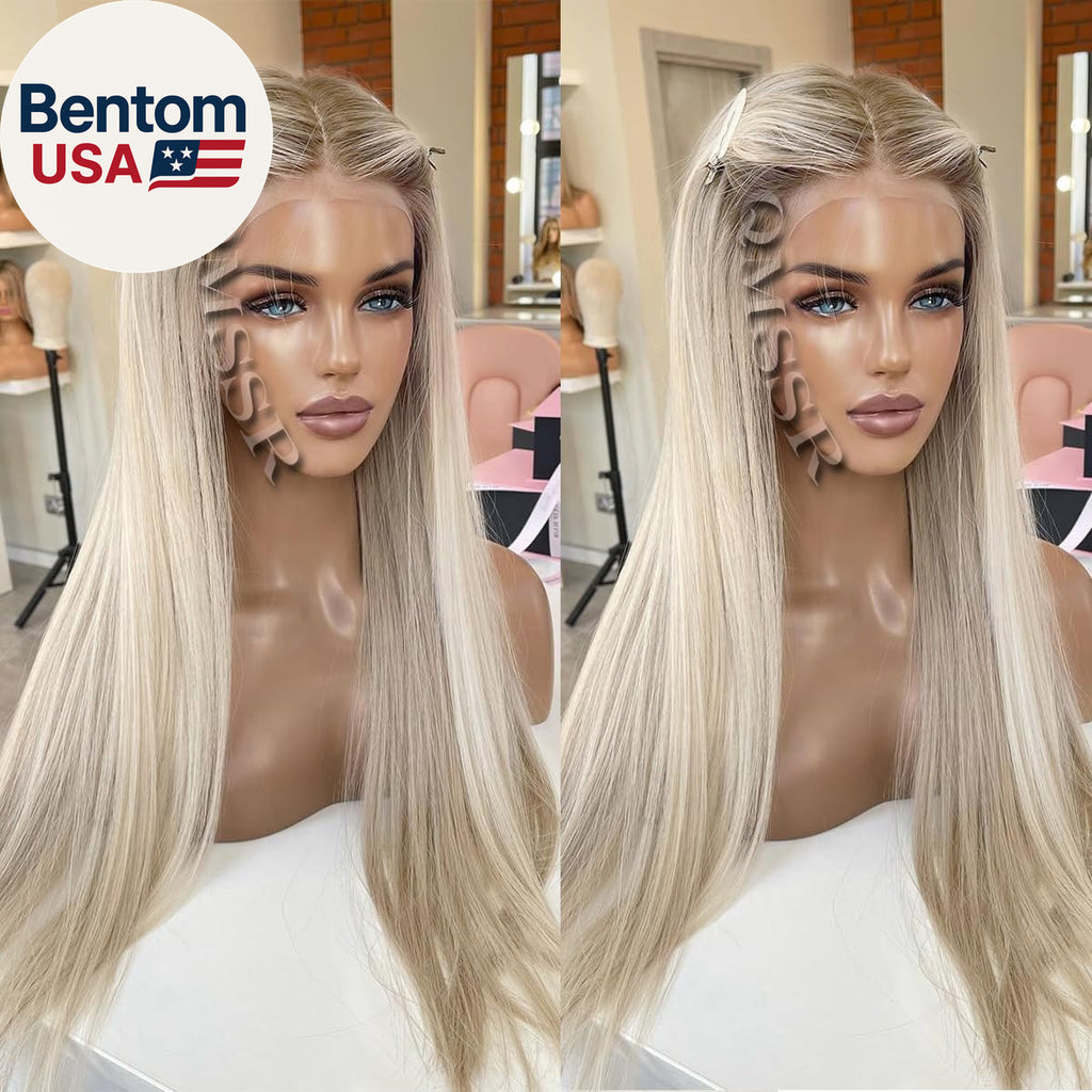 Ash Blonde Synthetic Lace Front Wig Long Straight Heat-Resistant Fiber Hair Ombre