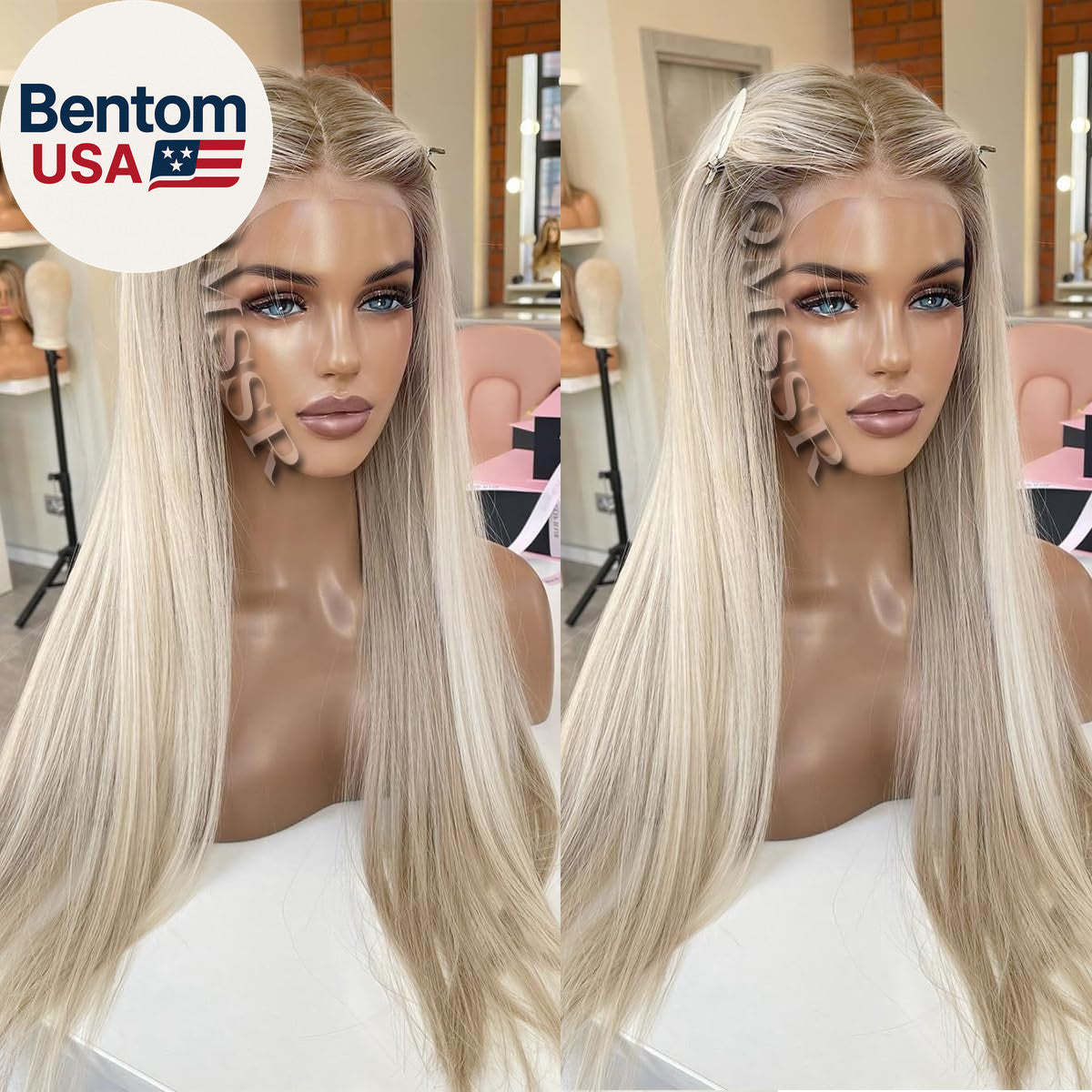 Ash Blonde Synthetic Lace Front Wig Long Straight Heat-Resistant Fiber Hair Ombre
