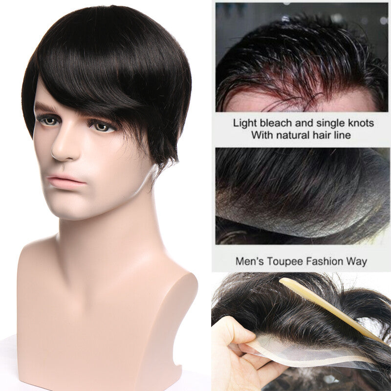Men's Hair Replacement Toupee - Natural Human Hair Full Skin PU Hair System