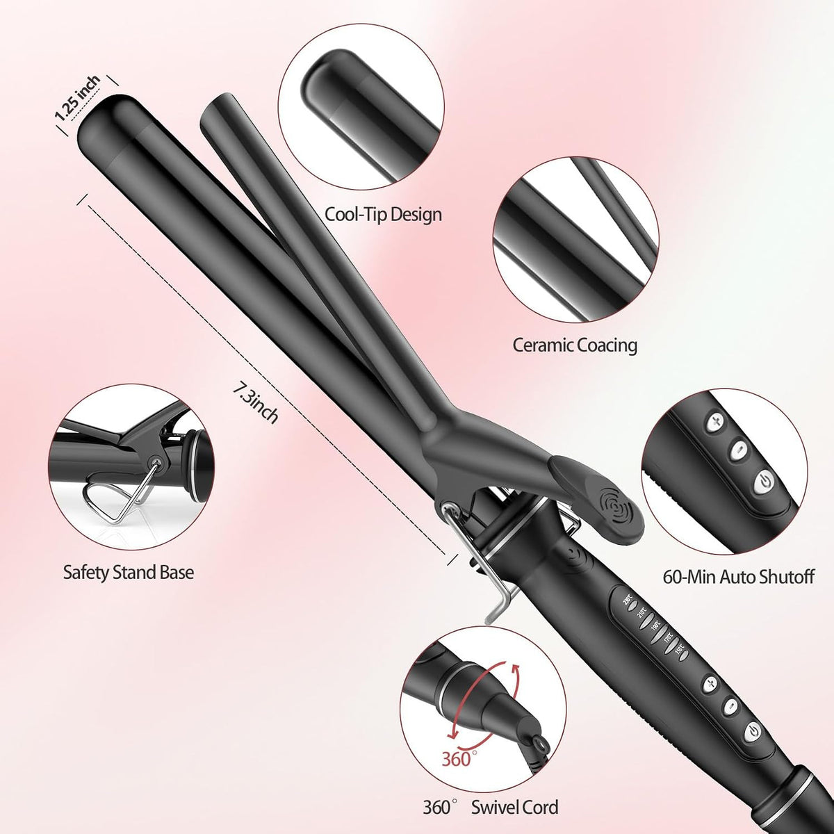 1.25 Inch Long Barrel Curling Iron with Tourmaline Ceramic Coating for Long Hair