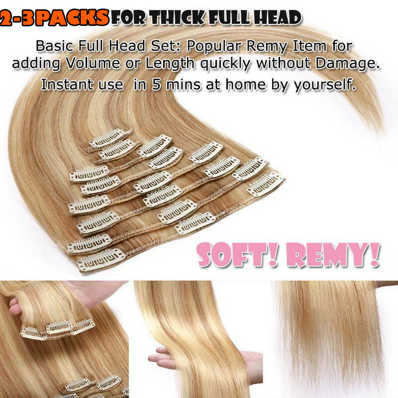 100% Human Hair Extensions Clip-In Full Head Set - Multiple Colors & Lengths