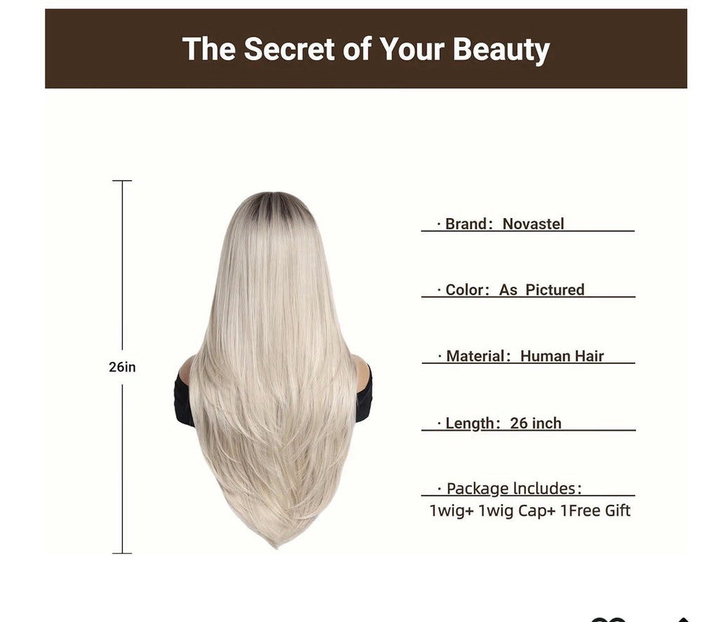 Blonde Human Hair Wig with Rooted Roots and Bangs - 26 Inch Soft & Silky