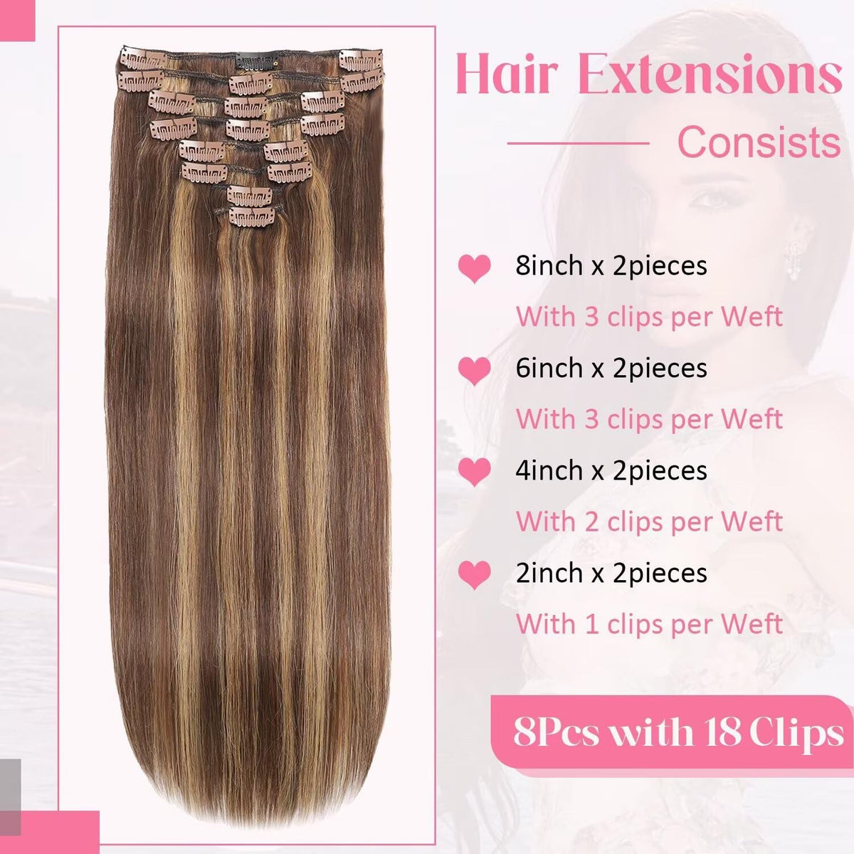 Clip In Hair Extensions 8pcs 16 Inches Brown to Honey Blonde Remy Human Hair